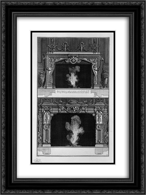 Two fireplaces overlapping: the support with a mask of Medusa in a shell, the inf with an eagle in profile and heads of satyrs with garlands 18x24 Black Ornate Wood Framed Art Print Poster with Double Matting by Piranesi, Giovanni Battista