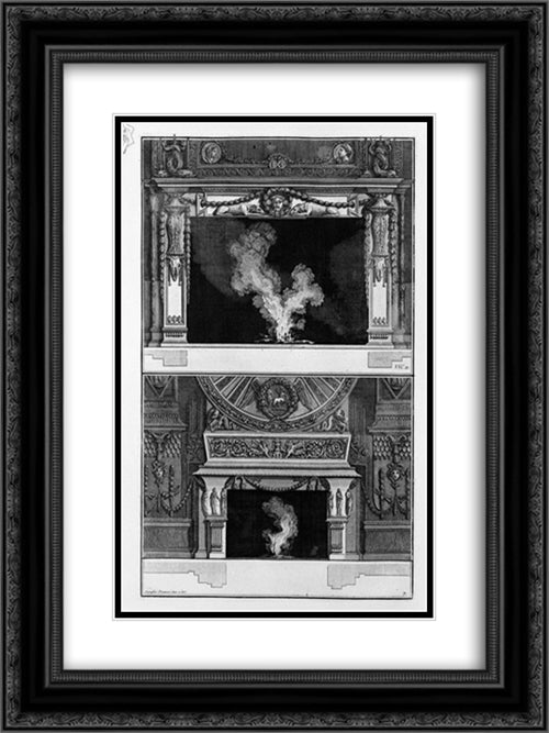 Two fireplaces overlapping: the support with a mask wreathed crouched between two greyhounds 18x24 Black Ornate Wood Framed Art Print Poster with Double Matting by Piranesi, Giovanni Battista