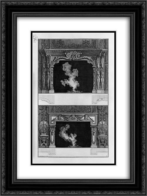 Two fireplaces overlapping: the tragic masks with 3 inf Joined torches, with the support 4 caryatids sorreggenti bucranes 18x24 Black Ornate Wood Framed Art Print Poster with Double Matting by Piranesi, Giovanni Battista