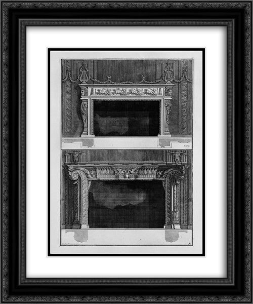 Two fireplaces superimposed with the support 4 in the chariot race in the circus, the inf with 2 swans that drink in a vase 20x24 Black Ornate Wood Framed Art Print Poster with Double Matting by Piranesi, Giovanni Battista