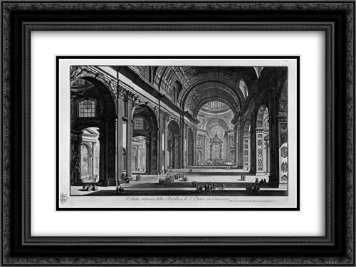 View of the great Basilica of St. Peter`s Square and was originally located where the Cirque and the Gardens of Gaius and Nero in the Valley of the Vatican 24x18 Black Ornate Wood Framed Art Print Poster with Double Matting by Piranesi, Giovanni Battista