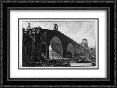 View of the Mausoleum of Hadrian Helium (now called Castle St. Angelo, on the other side of the facade inside the Castle) 24x18 Black Ornate Wood Framed Art Print Poster with Double Matting by Piranesi, Giovanni Battista