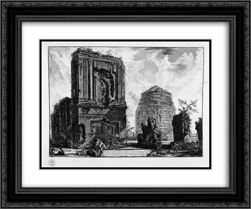 View of the Tomb of Piso Licinianus of the ancient Appian Way, beyond the waterworks tower half way Albano 24x20 Black Ornate Wood Framed Art Print Poster with Double Matting by Piranesi, Giovanni Battista