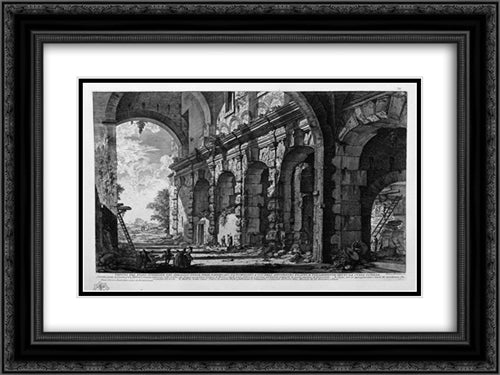 View of the upper floor of the menagerie of wild beasts made ??by Domitian for the use of the Flavian Amphitheatre, commonly known as the Curia and Ostilia 24x18 Black Ornate Wood Framed Art Print Poster with Double Matting by Piranesi, Giovanni Battista