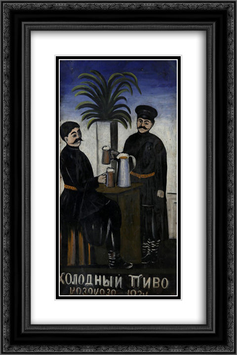 Signboard 'Cold, cold beer' 16x24 Black Ornate Wood Framed Art Print Poster with Double Matting by Pirosmani, Niko