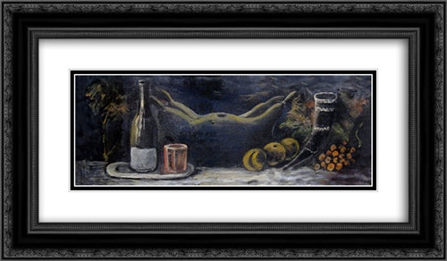 Still life 24x14 Black Ornate Wood Framed Art Print Poster with Double Matting by Pirosmani, Niko