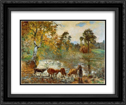 The Pond at Montfoucault 24x20 Black Ornate Wood Framed Art Print Poster with Double Matting by Pissarro, Camille