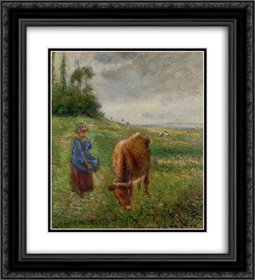 Cowherd, Pontoise 20x22 Black Ornate Wood Framed Art Print Poster with Double Matting by Pissarro, Camille