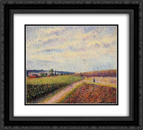 View of Eragny 22x20 Black Ornate Wood Framed Art Print Poster with Double Matting by Pissarro, Camille