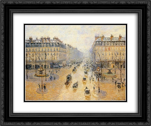 Avenue de l'Opera, Snow Effect 24x20 Black Ornate Wood Framed Art Print Poster with Double Matting by Pissarro, Camille