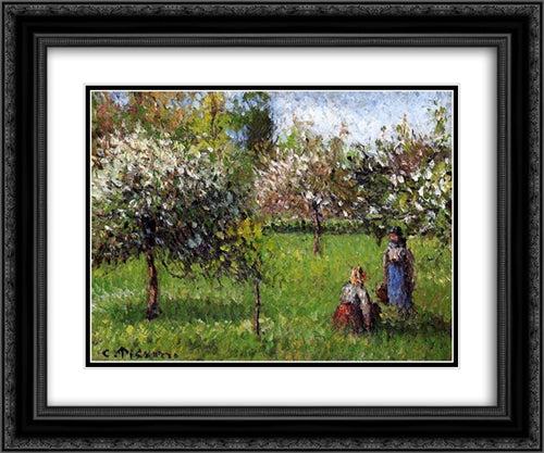 Apple Blossoms, Eragny 24x20 Black Ornate Wood Framed Art Print Poster with Double Matting by Pissarro, Camille