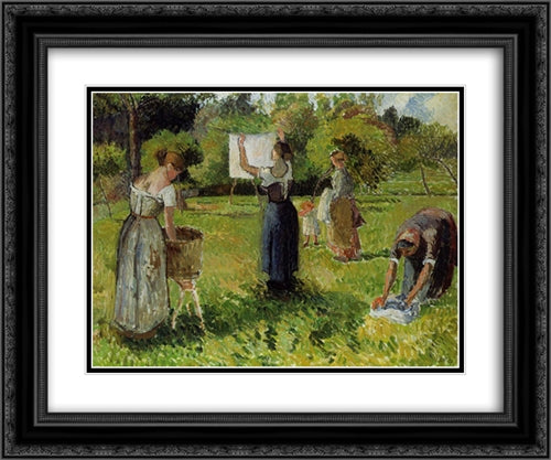 Laundresses at Eragny 24x20 Black Ornate Wood Framed Art Print Poster with Double Matting by Pissarro, Camille