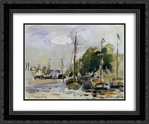 Boats at Dock 24x20 Black Ornate Wood Framed Art Print Poster with Double Matting by Pissarro, Camille