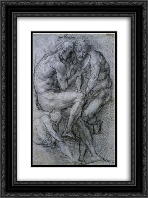 Two Male Figures Looking in a Mirror and a Putto 18x24 Black Ornate Wood Framed Art Print Poster with Double Matting by Pontormo, Jacopo