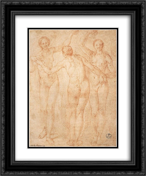 The Three Graces 20x24 Black Ornate Wood Framed Art Print Poster with Double Matting by Pontormo, Jacopo