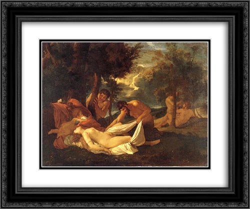 Sleeping Venus, surprised by Satyr 24x20 Black Ornate Wood Framed Art Print Poster with Double Matting by Poussin, Nicolas