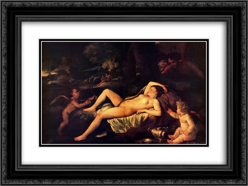 Sleeping Venus and Cupid 24x18 Black Ornate Wood Framed Art Print Poster with Double Matting by Poussin, Nicolas