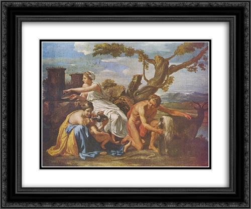 The Infant Jupiter Nurtured by the Goat Amalthea 24x20 Black Ornate Wood Framed Art Print Poster with Double Matting by Poussin, Nicolas