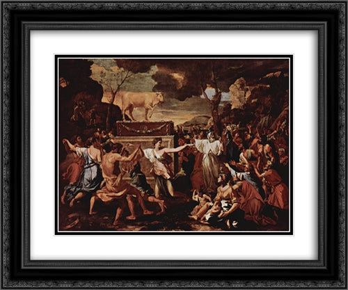 The Adoration of the Golden Calf 24x20 Black Ornate Wood Framed Art Print Poster with Double Matting by Poussin, Nicolas