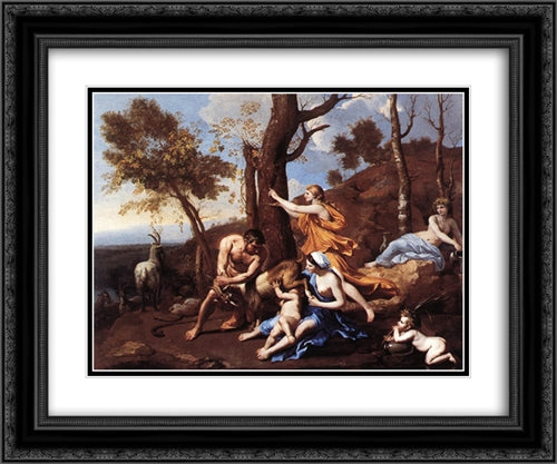 The Nurture of Jupiter 24x20 Black Ornate Wood Framed Art Print Poster with Double Matting by Poussin, Nicolas