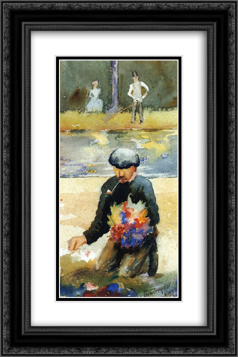 Picking Flowers 16x24 Black Ornate Wood Framed Art Print Poster with Double Matting by Prendergast, Maurice