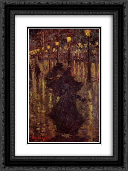 Evening Shower, Paris 18x24 Black Ornate Wood Framed Art Print Poster with Double Matting by Prendergast, Maurice