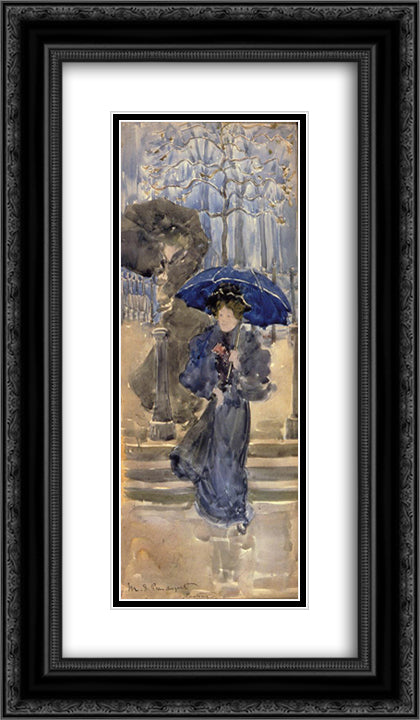 Ladies in the Rain 14x24 Black Ornate Wood Framed Art Print Poster with Double Matting by Prendergast, Maurice