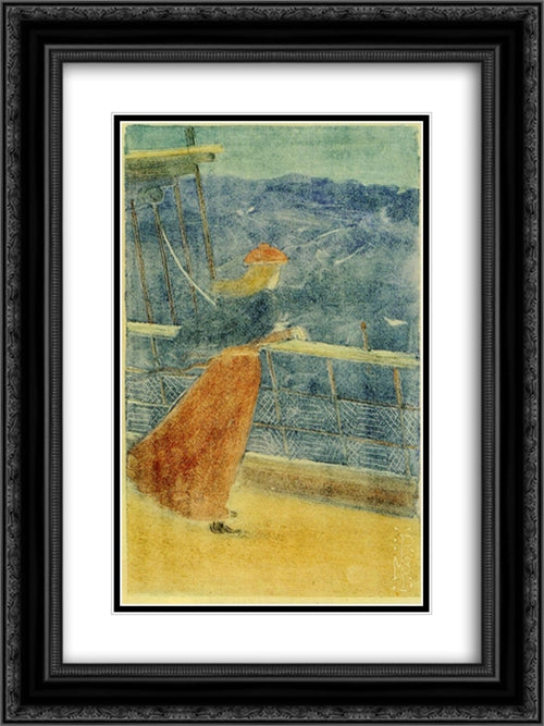 Woman on Ship Deck, Looking out to Sea (also known as Girl at Ship s Rail) 18x24 Black Ornate Wood Framed Art Print Poster with Double Matting by Prendergast, Maurice