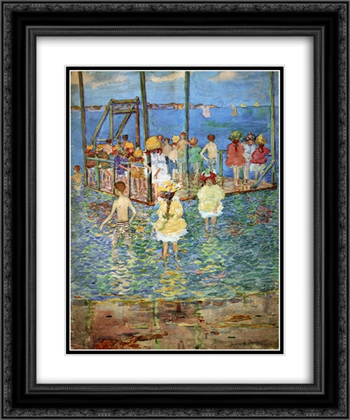 Children on a Raft 20x24 Black Ornate Wood Framed Art Print Poster with Double Matting by Prendergast, Maurice