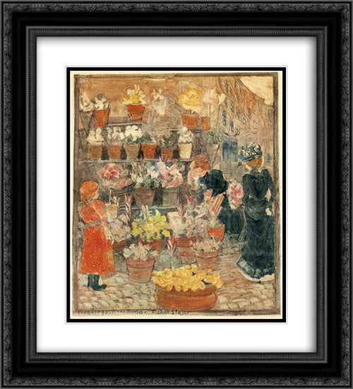 Roma Flower Stall (also known as Flower Stall or Roman Flower Stall) 20x22 Black Ornate Wood Framed Art Print Poster with Double Matting by Prendergast, Maurice