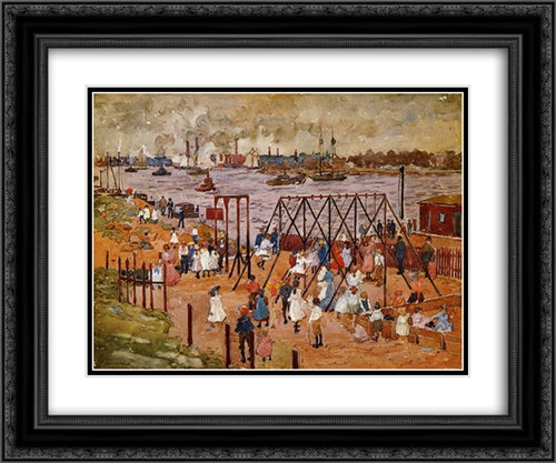 The East River 24x20 Black Ornate Wood Framed Art Print Poster with Double Matting by Prendergast, Maurice