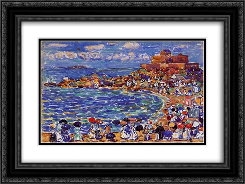 Beach, St. Malo 24x18 Black Ornate Wood Framed Art Print Poster with Double Matting by Prendergast, Maurice