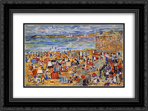 On the Beach, St. Malo 24x18 Black Ornate Wood Framed Art Print Poster with Double Matting by Prendergast, Maurice