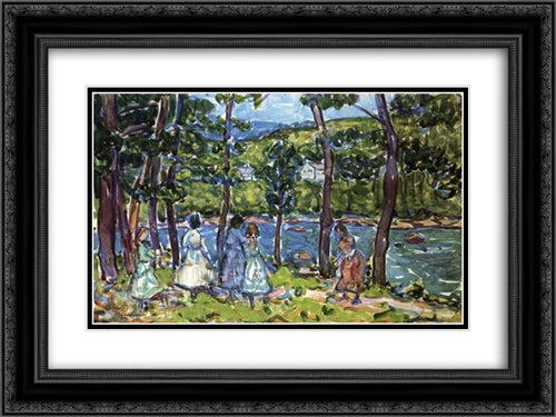 Girls on the Riverbank 24x18 Black Ornate Wood Framed Art Print Poster with Double Matting by Prendergast, Maurice