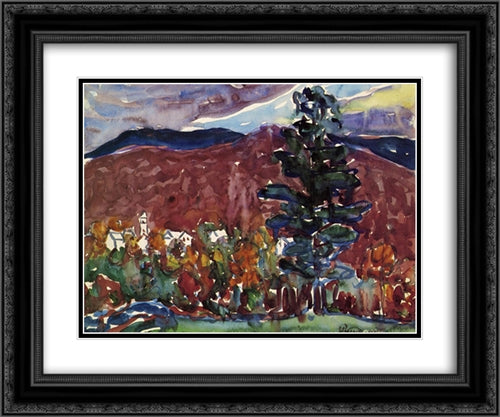 Village Against Purple Mountain 24x20 Black Ornate Wood Framed Art Print Poster with Double Matting by Prendergast, Maurice