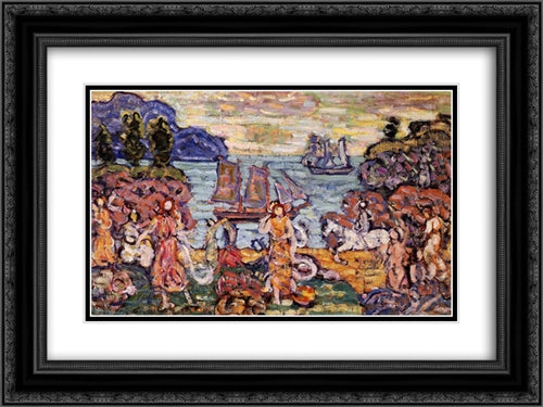 On the Shore 24x18 Black Ornate Wood Framed Art Print Poster with Double Matting by Prendergast, Maurice