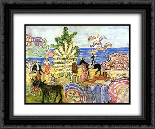 Fantasy (also known as Fantasy with Flowers, Animals and Houses) 24x20 Black Ornate Wood Framed Art Print Poster with Double Matting by Prendergast, Maurice