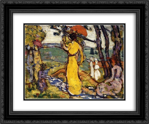Lady in Yellow Dress in the Park (also known as A Lady in Yellow in the Park) 24x20 Black Ornate Wood Framed Art Print Poster with Double Matting by Prendergast, Maurice