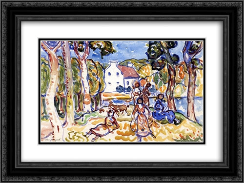 Landscape with Figures and Goat 24x18 Black Ornate Wood Framed Art Print Poster with Double Matting by Prendergast, Maurice
