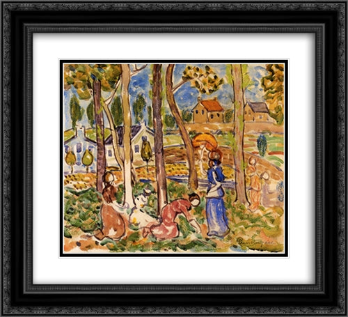Picking Strawberries 22x20 Black Ornate Wood Framed Art Print Poster with Double Matting by Prendergast, Maurice