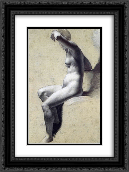 Drawing of Female Nude with charcoal and chalk 18x24 Black Ornate Wood Framed Art Print Poster with Double Matting by Prud'hon, Pierre Paul