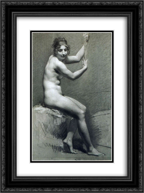 Drawing of Female Nude with charcoal and chalk 18x24 Black Ornate Wood Framed Art Print Poster with Double Matting by Prud'hon, Pierre Paul