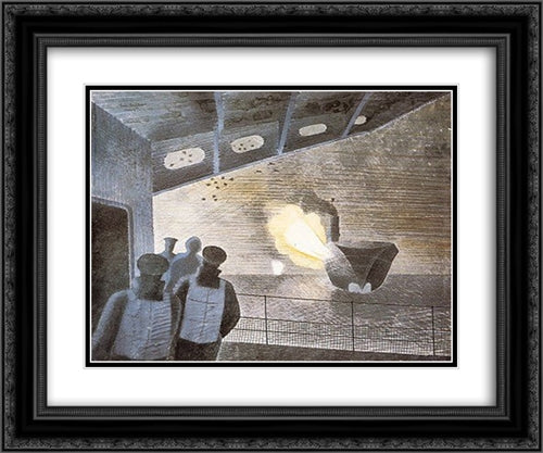HMS Ark Royal in Action 24x20 Black Ornate Wood Framed Art Print Poster with Double Matting by Ravilious, Eric
