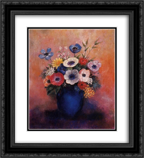 Bouquet of Flowers in a Blue Vase 20x22 Black Ornate Wood Framed Art Print Poster with Double Matting by Redon, Odilon