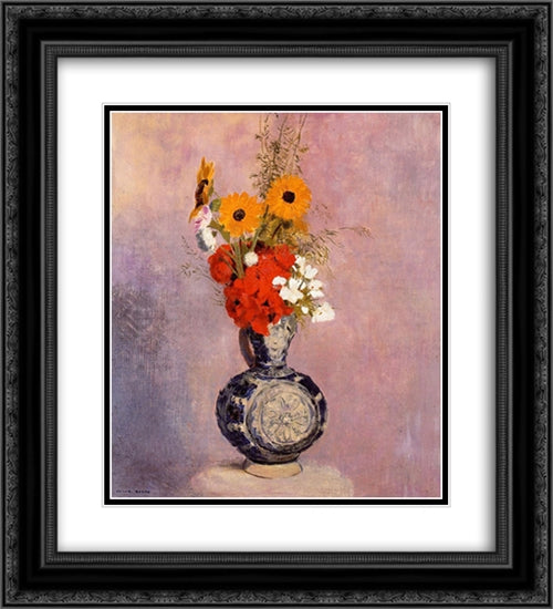 Bouquet of Flowers in a Blue Vase 20x22 Black Ornate Wood Framed Art Print Poster with Double Matting by Redon, Odilon