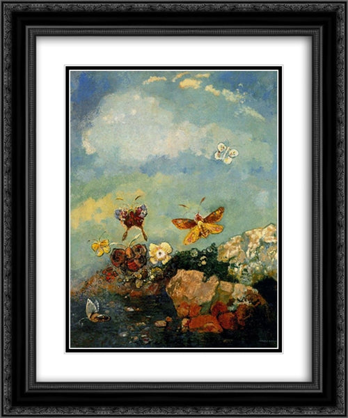 Butterflies 20x24 Black Ornate Wood Framed Art Print Poster with Double Matting by Redon, Odilon