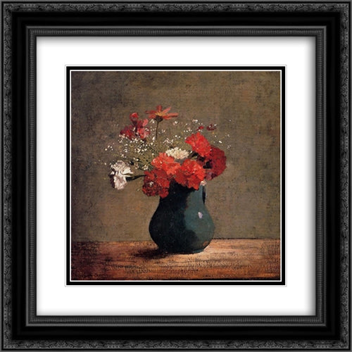 Carnations and baby's breath in a green pitcher 20x20 Black Ornate Wood Framed Art Print Poster with Double Matting by Redon, Odilon