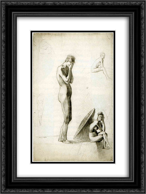 Five studies of female nudes 18x24 Black Ornate Wood Framed Art Print Poster with Double Matting by Redon, Odilon