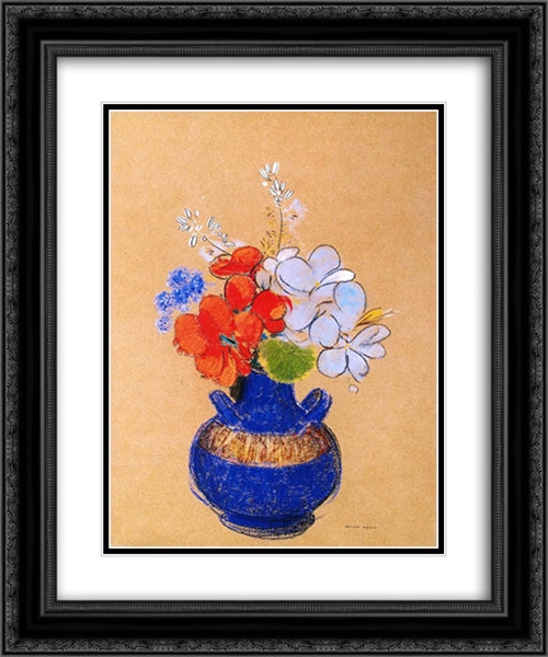 Flowers in a Blue Vase 20x24 Black Ornate Wood Framed Art Print Poster with Double Matting by Redon, Odilon
