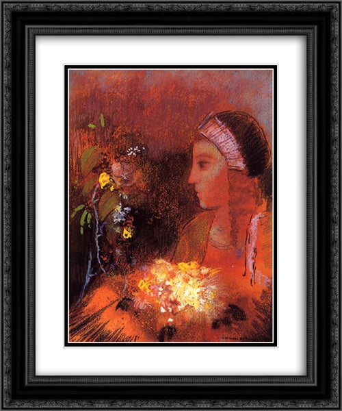 Woman with Flowers 20x24 Black Ornate Wood Framed Art Print Poster with Double Matting by Redon, Odilon